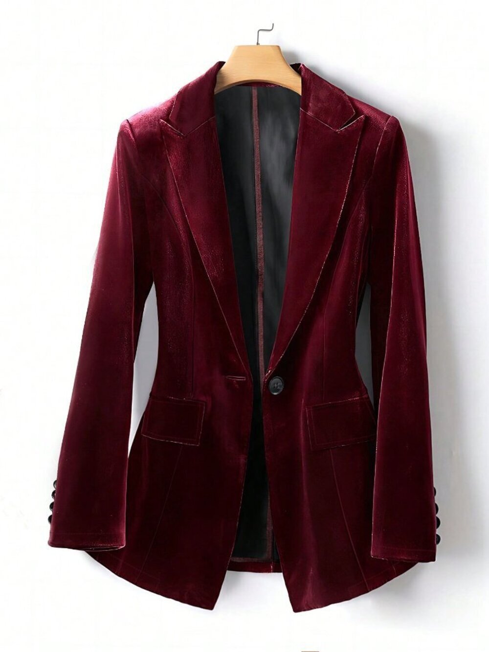 Burgundy Casual Women's Velvet Fit Single-Breasted Long Sleeve Blazer Jacket